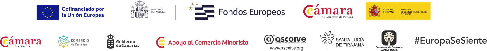 Unión Europea, Ministerio de Hacienda, Fondos Europeos, Cámara de Comercio de España, Ministerio de Economía, Comercio y Empresa, Cámara de Gran Canaria, Comercio de Canarias, Gobierno de Canarias, Apoyo al Comercio Minorista, ASCOIVE, Ayuntamiento de Santa Lucía de Tirajana, Concejalía de Comercio y Europa se siente